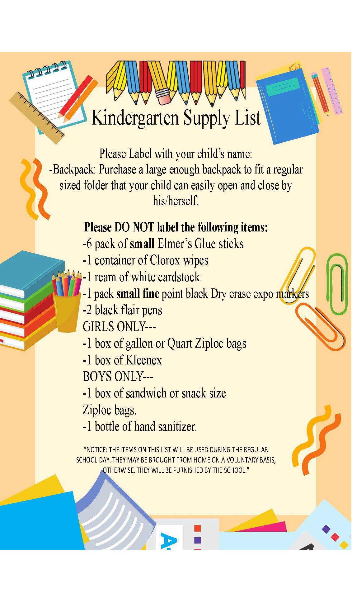 Kindergarten school supply list
